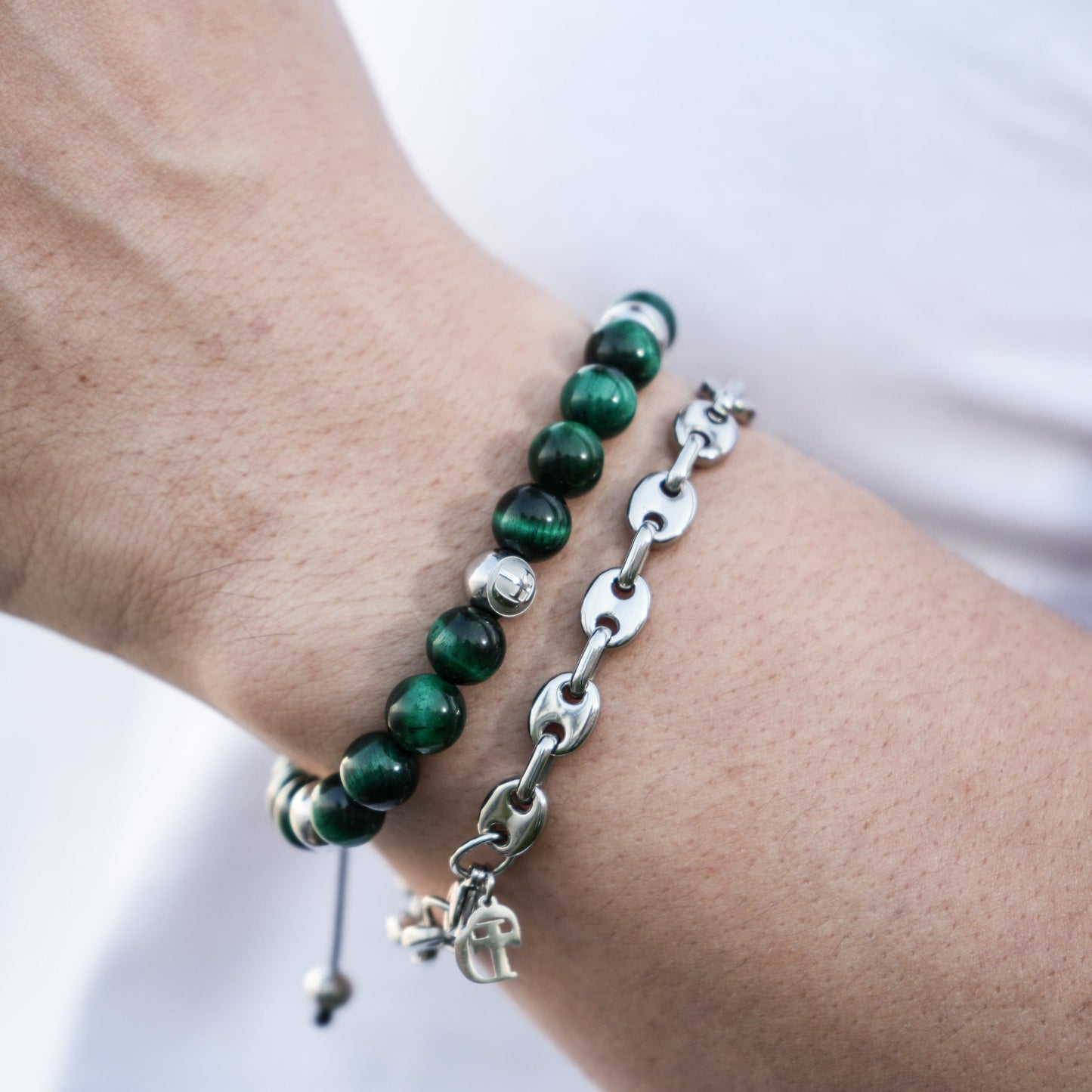 Green Tiger's Eye Stone Beaded Bracelets Silver